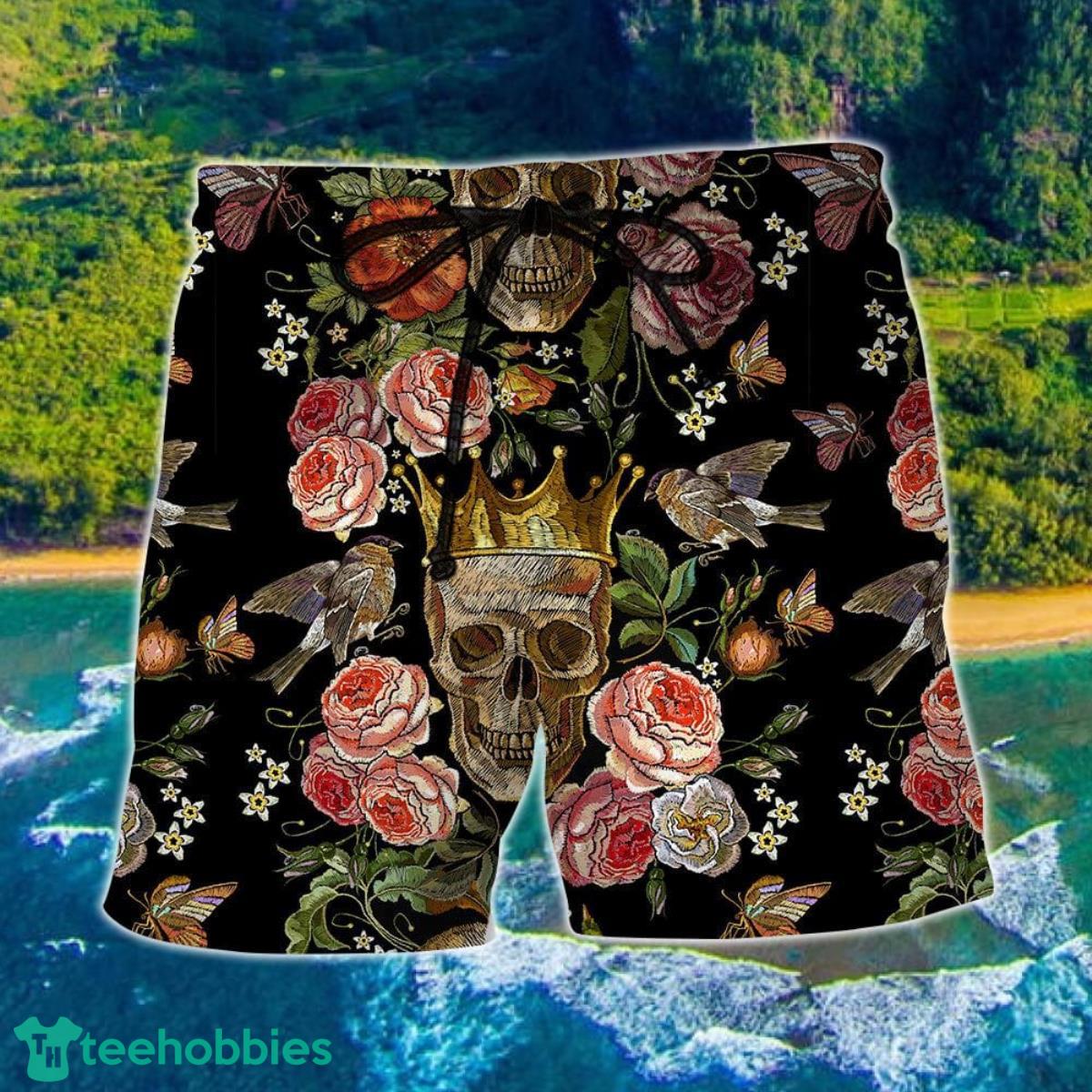 Skull And Flowers Art Hawaii Shorts For Men - Skull Shorts Swim Trunks Product Photo 1