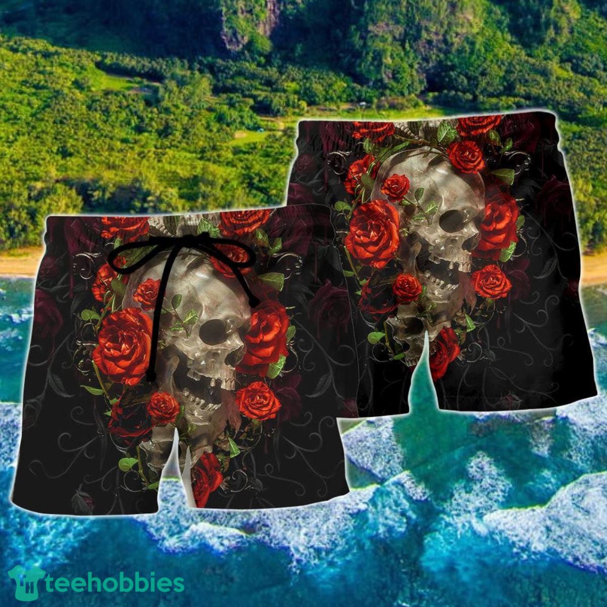 Skull And Roses Art Hawaii Shorts For Men - Skull Shorts Swim Trunks Product Photo 2