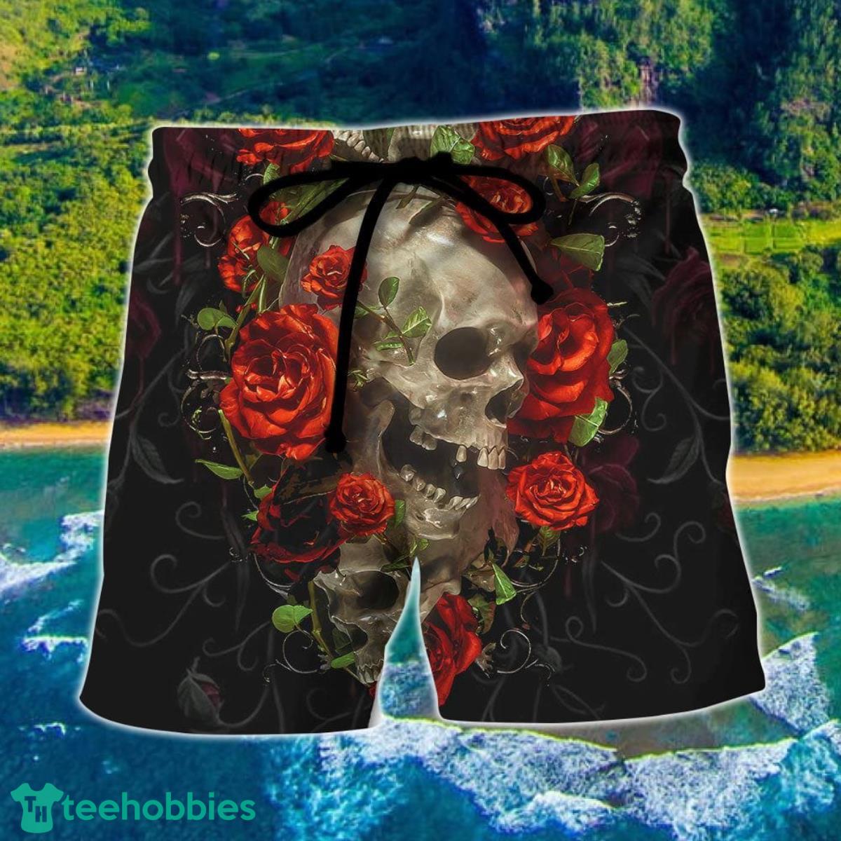 Skull And Roses Art Hawaii Shorts For Men - Skull Shorts Swim Trunks Product Photo 1