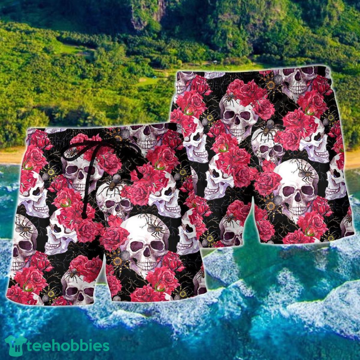 Skull And Roses Floral Hawaii Shorts For Men - Skull Shorts Swim Trunks Product Photo 2