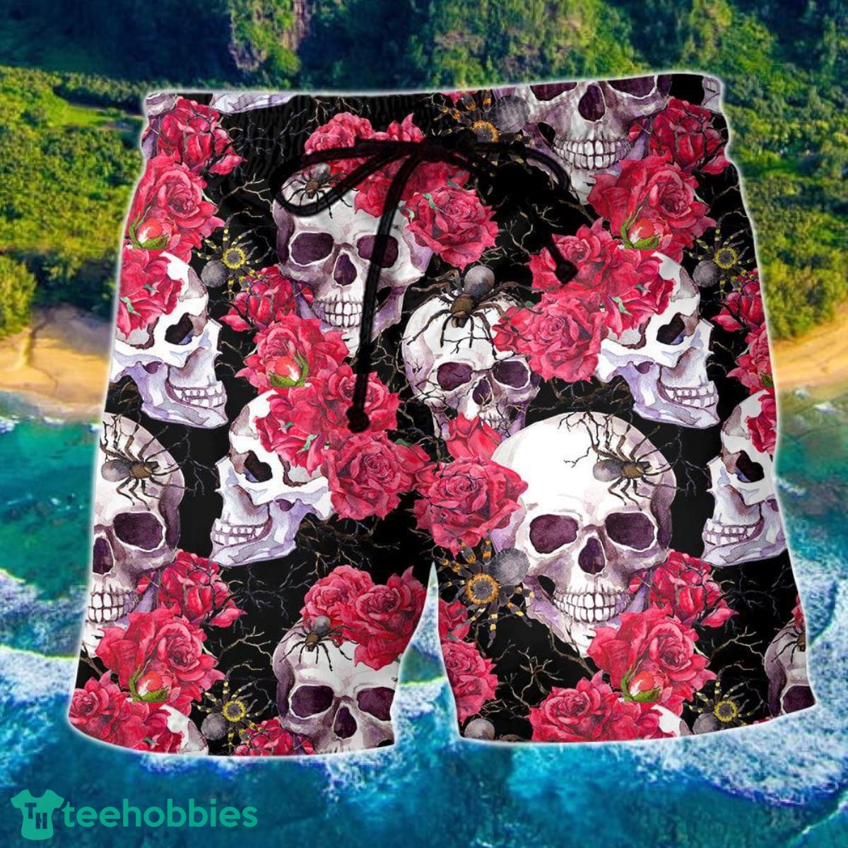 Skull And Roses Floral Hawaii Shorts For Men - Skull Shorts Swim Trunks Product Photo 1