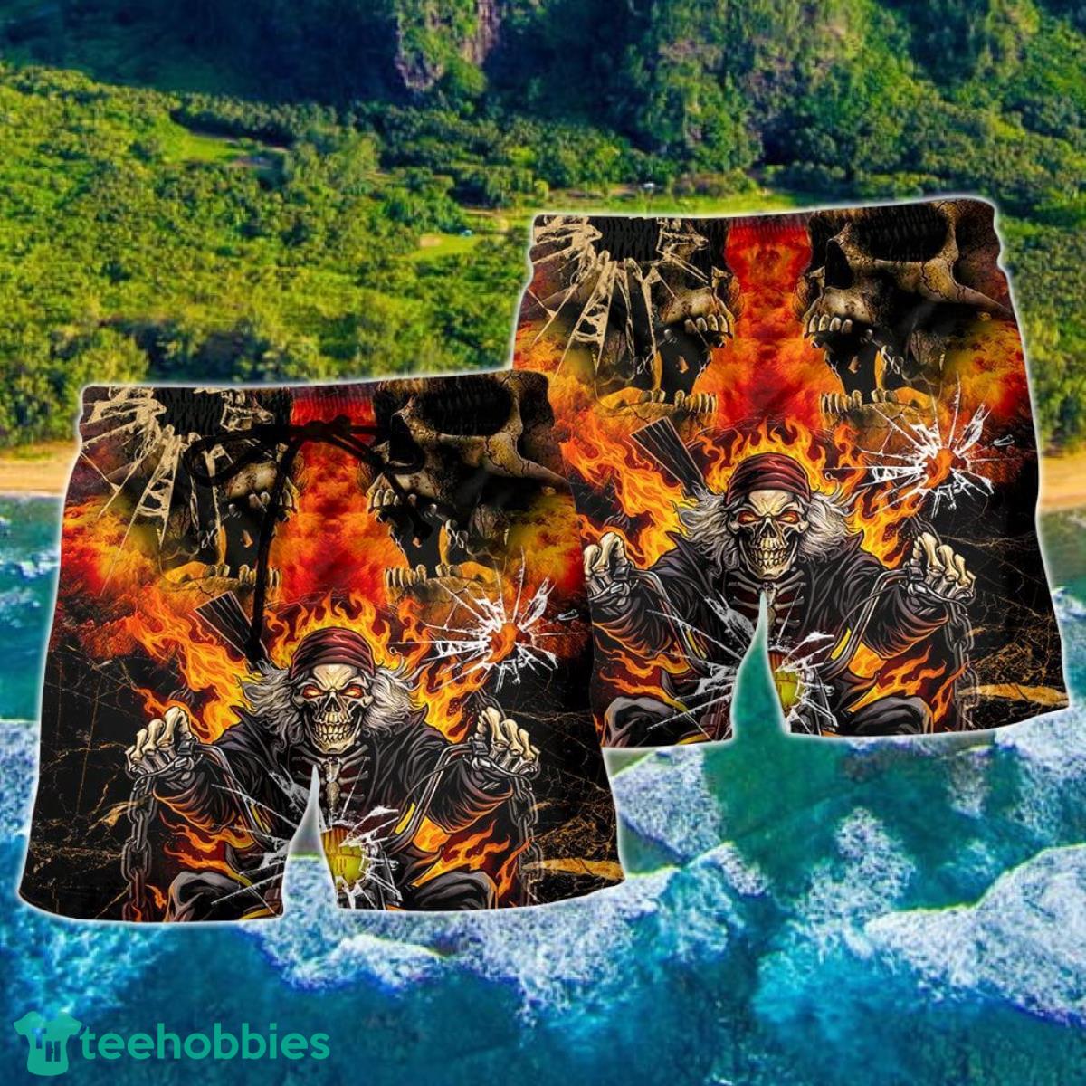 Skull Biker Style Hawaii Shorts For Men - Skull Shorts Swim Trunks Product Photo 2