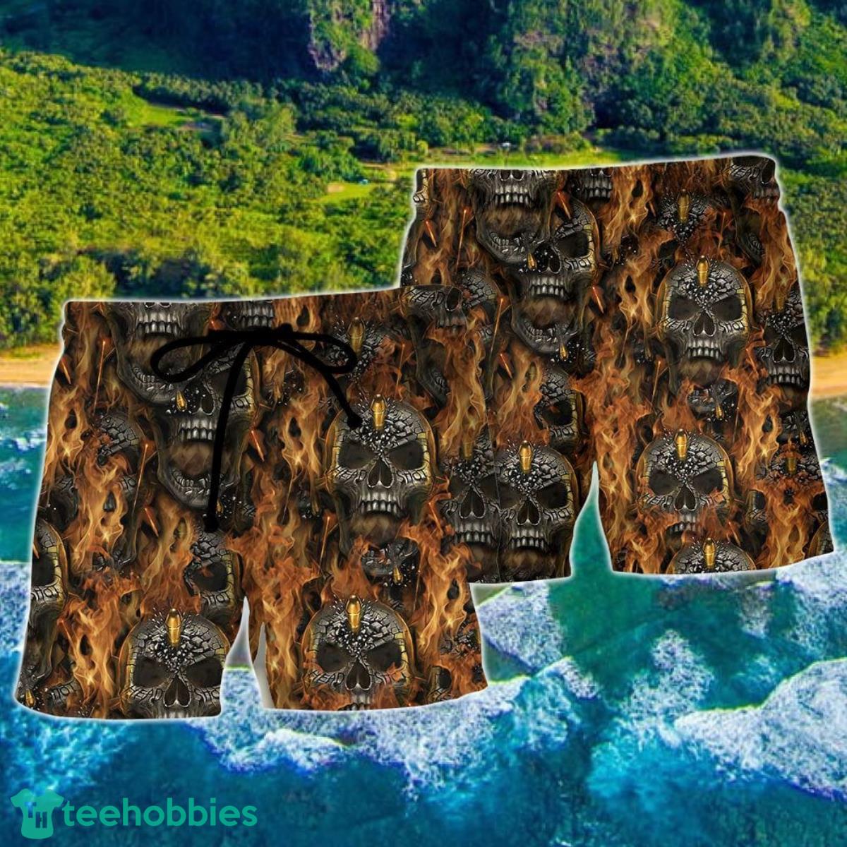 Skull Bullet Head Shot Fire Hawaii Shorts For Men - Skull Shorts Swim Trunks Product Photo 2