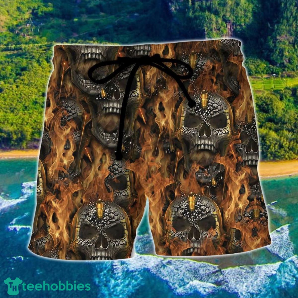 Skull Bullet Head Shot Fire Hawaii Shorts For Men - Skull Shorts Swim Trunks Product Photo 1