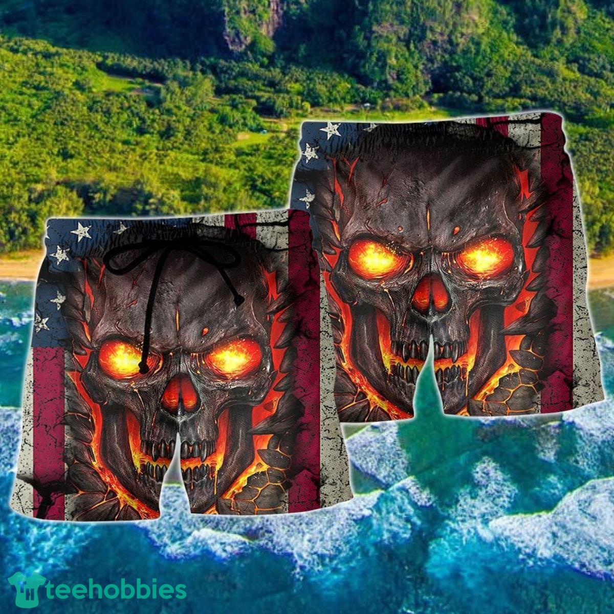 Skull Burning Angry American Flag Hawaii Shorts For Men - Skull Shorts Swim Trunks Product Photo 2