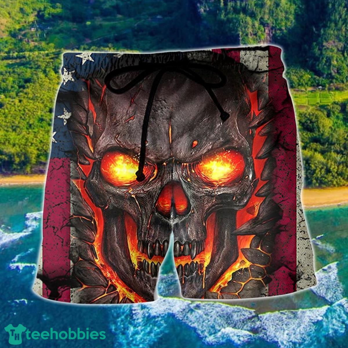Skull Burning Angry American Flag Hawaii Shorts For Men - Skull Shorts Swim Trunks Product Photo 1