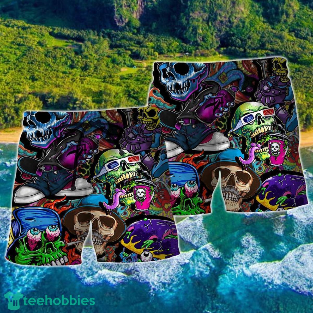 Skull Colorful Mix Art Style Hawaii Shorts For Men - Skull Shorts Swim Trunks Product Photo 2
