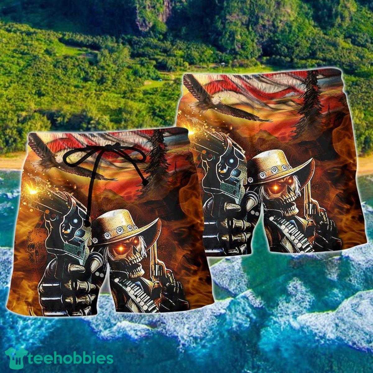 Skull Cowboy Shot Gun American Flag Hawaii Shorts For Men - Skull Shorts Swim Trunks Product Photo 2