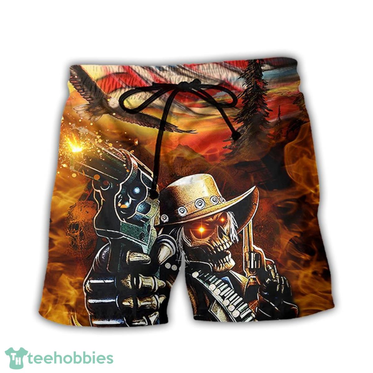 Skull Cowboy Shot Gun American Flag Hawaii Shorts For Men - Skull Shorts Swim Trunks Product Photo 1
