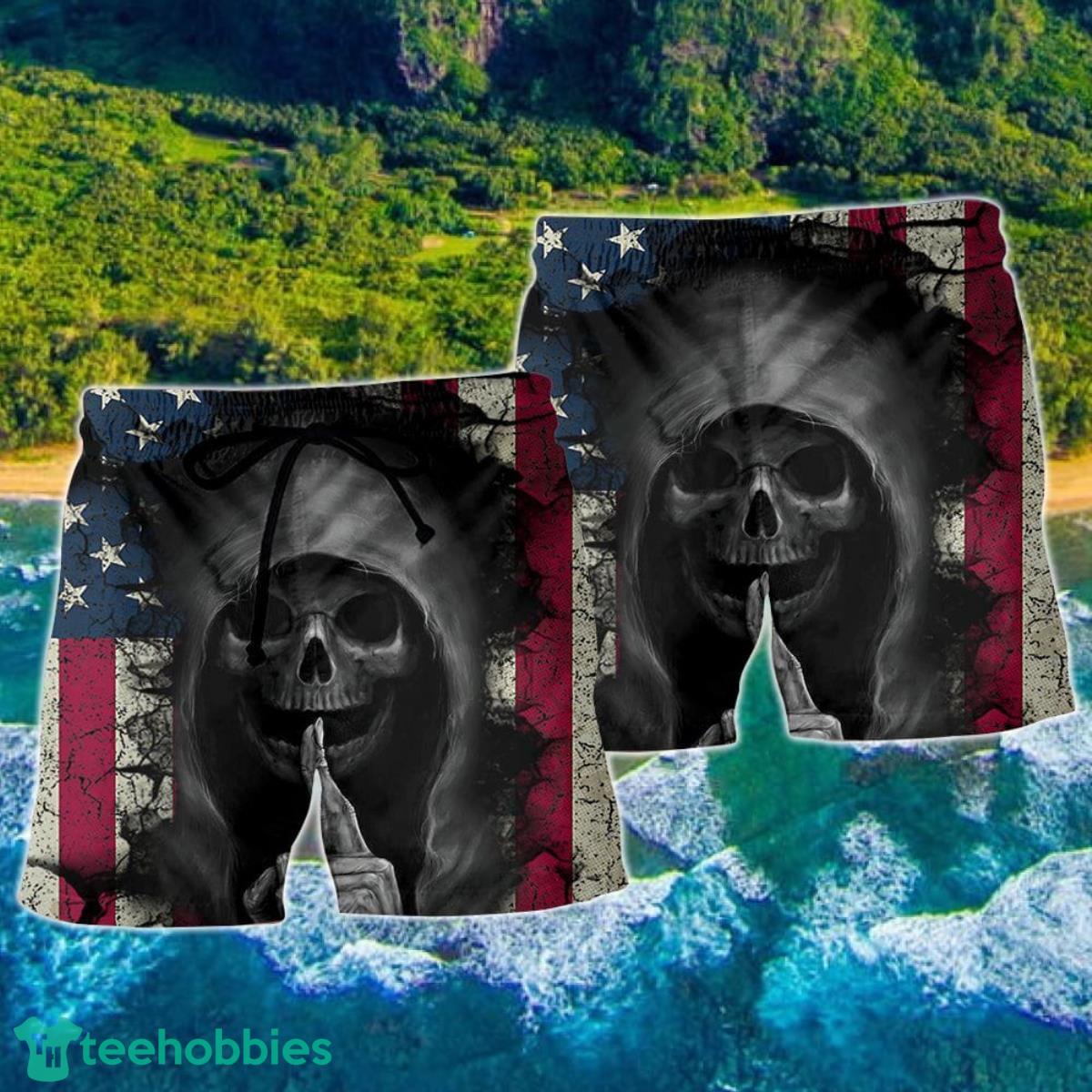 Skull Dark American Flag Hawaii Shorts For Men - Skull Shorts Swim Trunks Product Photo 2