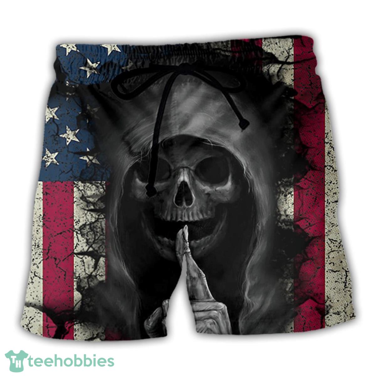 Skull Dark American Flag Hawaii Shorts For Men - Skull Shorts Swim Trunks Product Photo 1