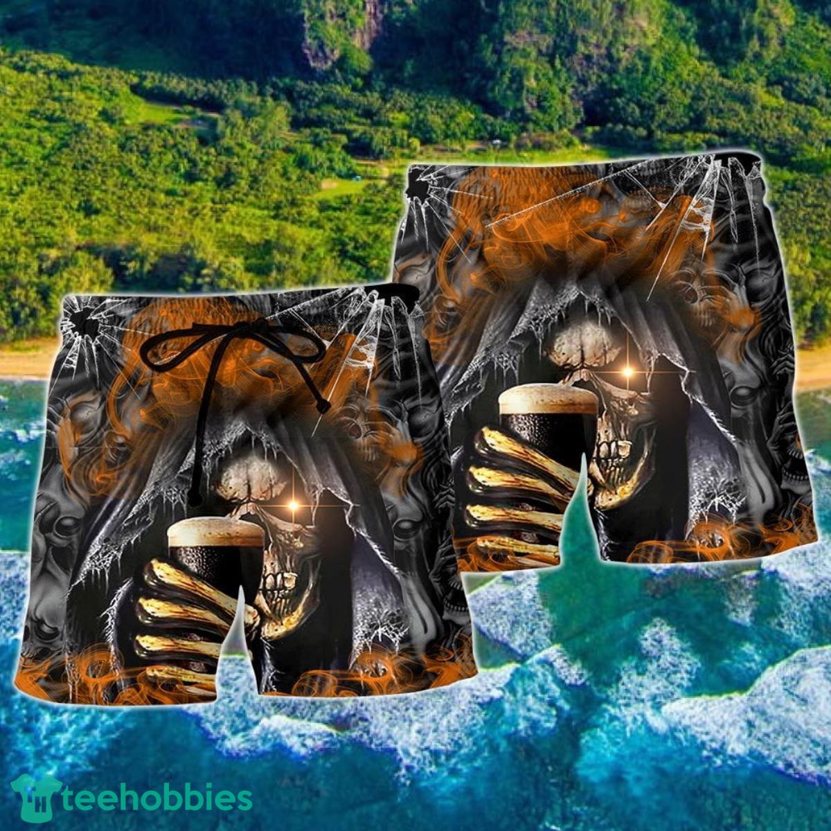 Skull Dark Drinking Orange Smoke Lighting Hawaii Shorts For Men - Skull Shorts Swim Trunks Product Photo 2