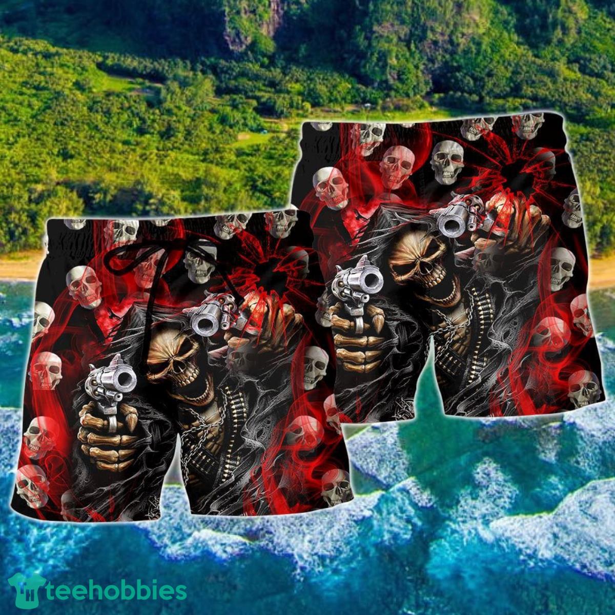 Skull Dark Gun Red Smoke Lighting Hawaii Shorts For Men - Skull Shorts Swim Trunks Product Photo 2