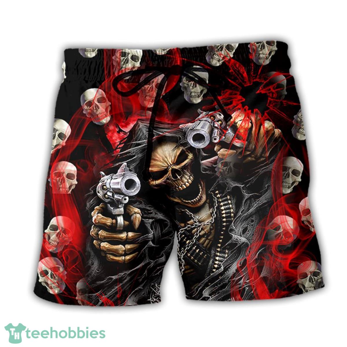 Skull Dark Gun Red Smoke Lighting Hawaii Shorts For Men - Skull Shorts Swim Trunks Product Photo 1