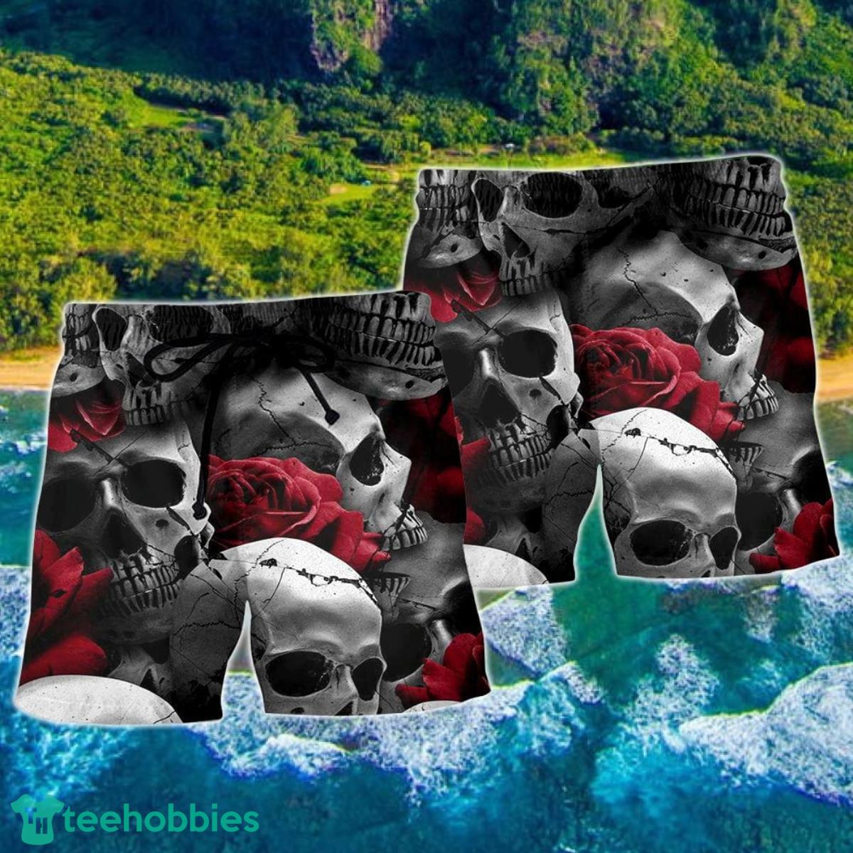 Skull Death Love Rose Hawaii Shorts For Men Skull Shorts Swim Trunks Product Photo 2