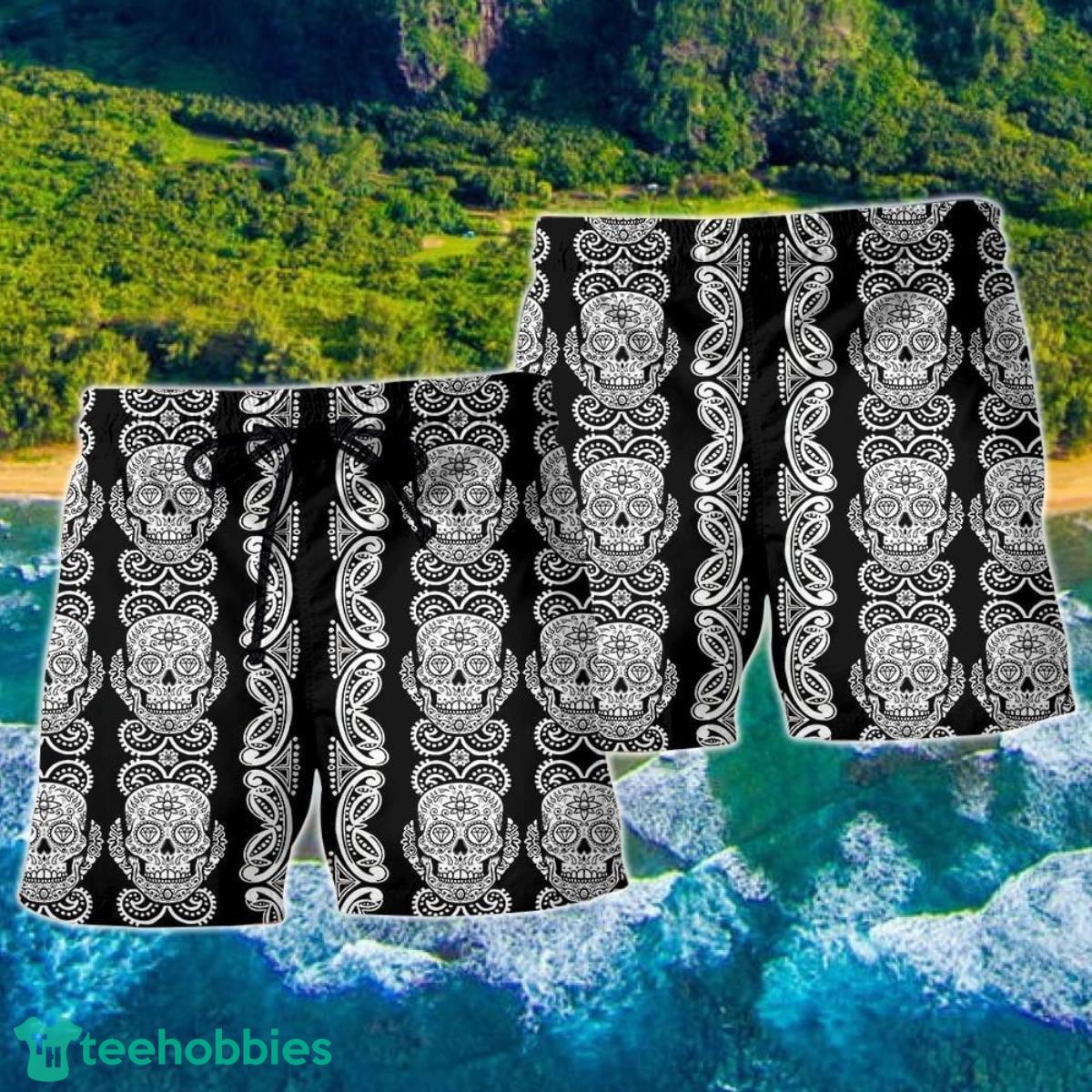 Skull Diamond Pattern Black And White Hawaii Shorts For Men Skull Shorts Swim Trunks Product Photo 2