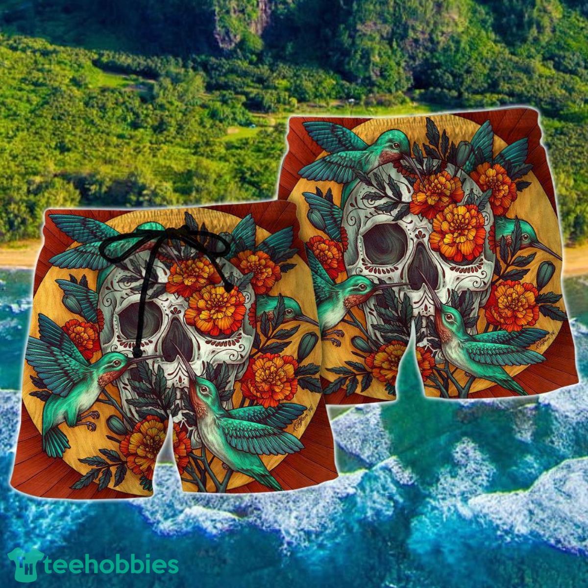 Skull Floral Skull Hummingbird Hawaii Shorts For Men Skull Shorts Swim Trunks Product Photo 2