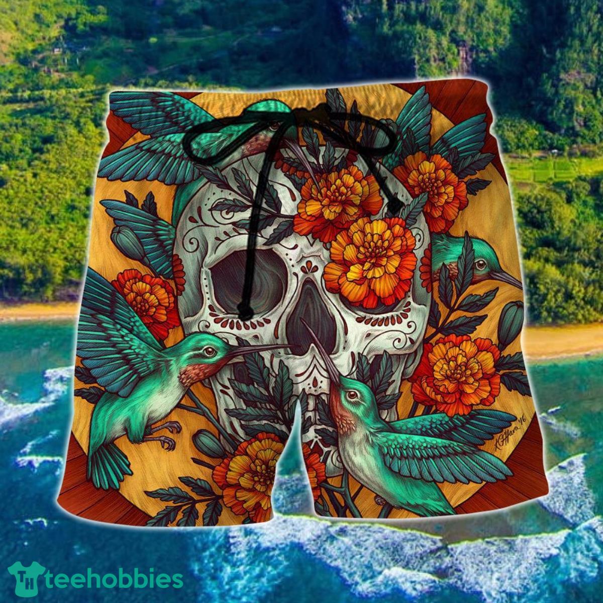 Skull Floral Skull Hummingbird Hawaii Shorts For Men Skull Shorts Swim Trunks Product Photo 1