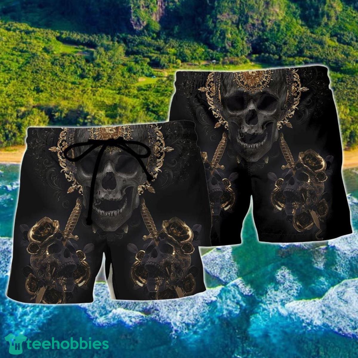 Skull Golden Skull True King Stay True Till Death Hawaii Shorts For Men Skull Shorts Swim Trunks Product Photo 2