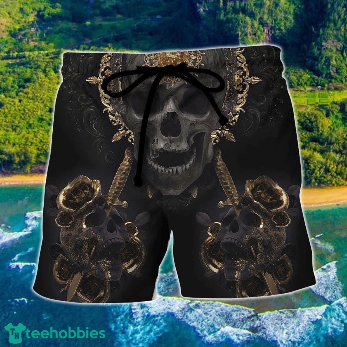 Skull Golden Skull True King Stay True Till Death Hawaii Shorts For Men Skull Shorts Swim Trunks Product Photo 1