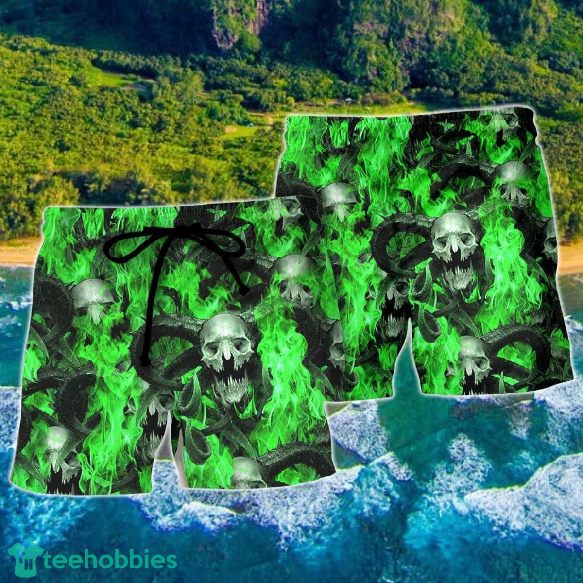 Skull Green Flame Burn Hawaii Shorts For Men Skull Shorts Swim Trunks Product Photo 2