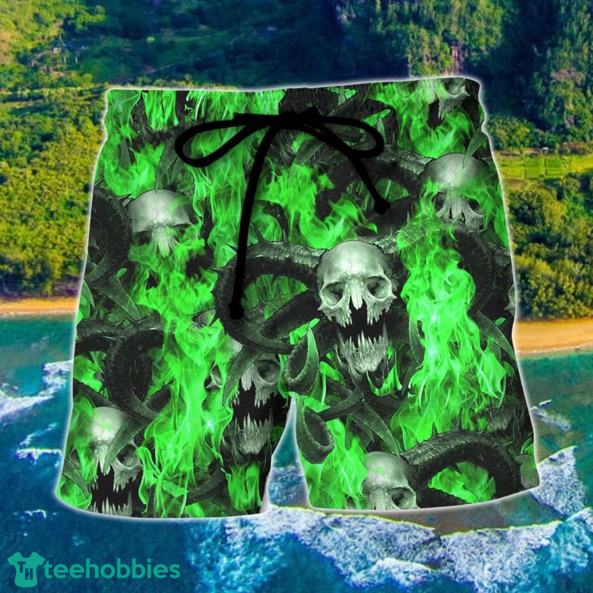 Skull Green Flame Burn Hawaii Shorts For Men Skull Shorts Swim Trunks Product Photo 1