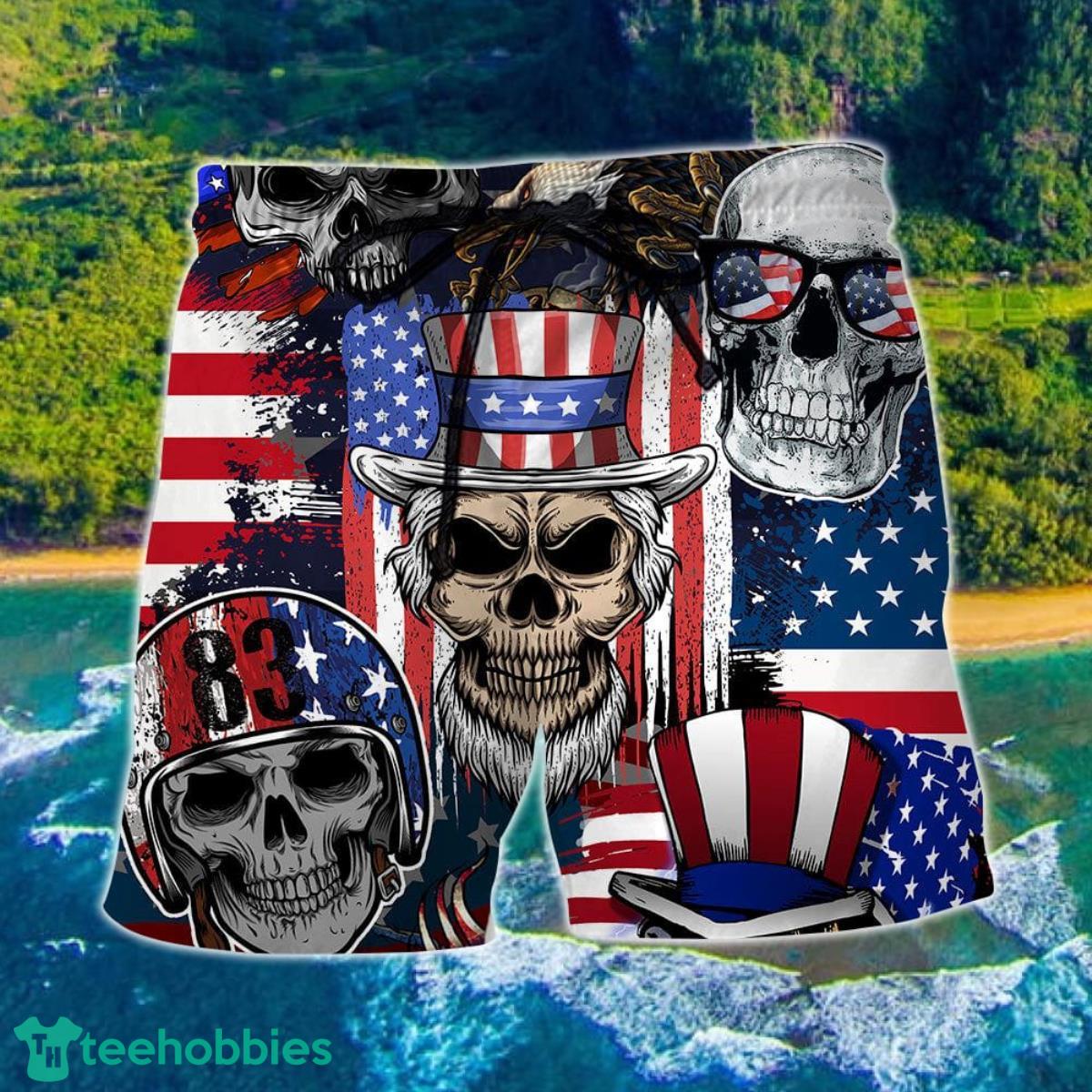 Skull Independence Day Skull US Flag Hawaii Shorts For Men Skull Shorts Swim Trunks Product Photo 1