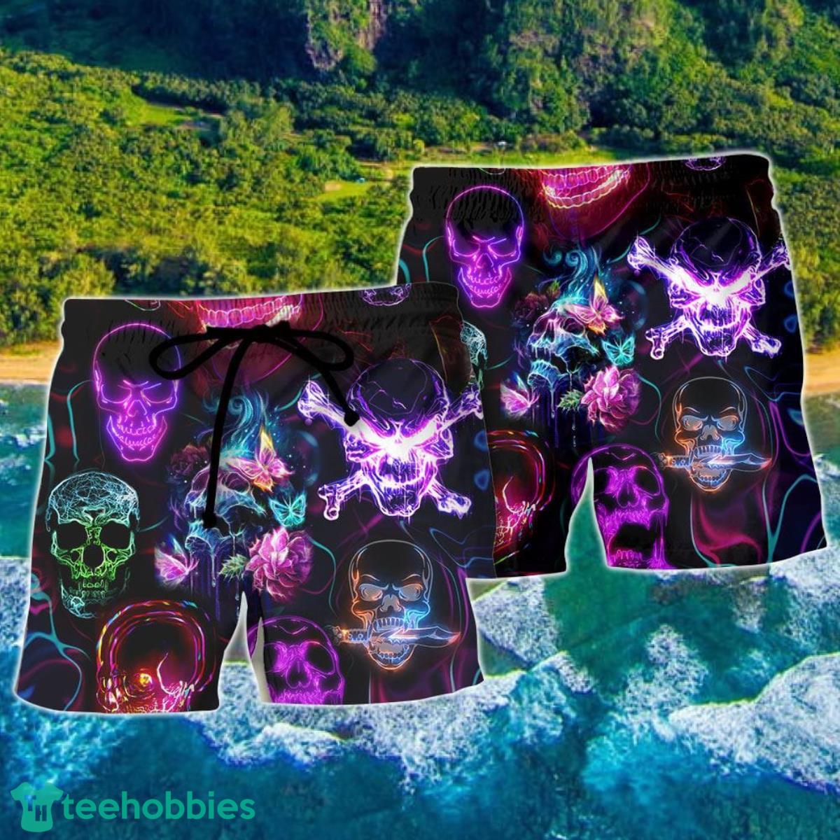 Skull Neon Art Happy Holiday Hawaii Shorts For Men Skull Shorts Swim Trunks Product Photo 2