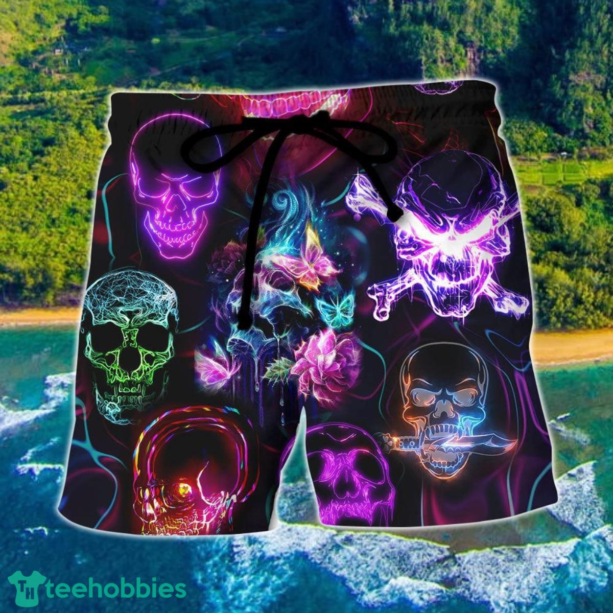 Skull Neon Art Happy Holiday Hawaii Shorts For Men Skull Shorts Swim Trunks Product Photo 1