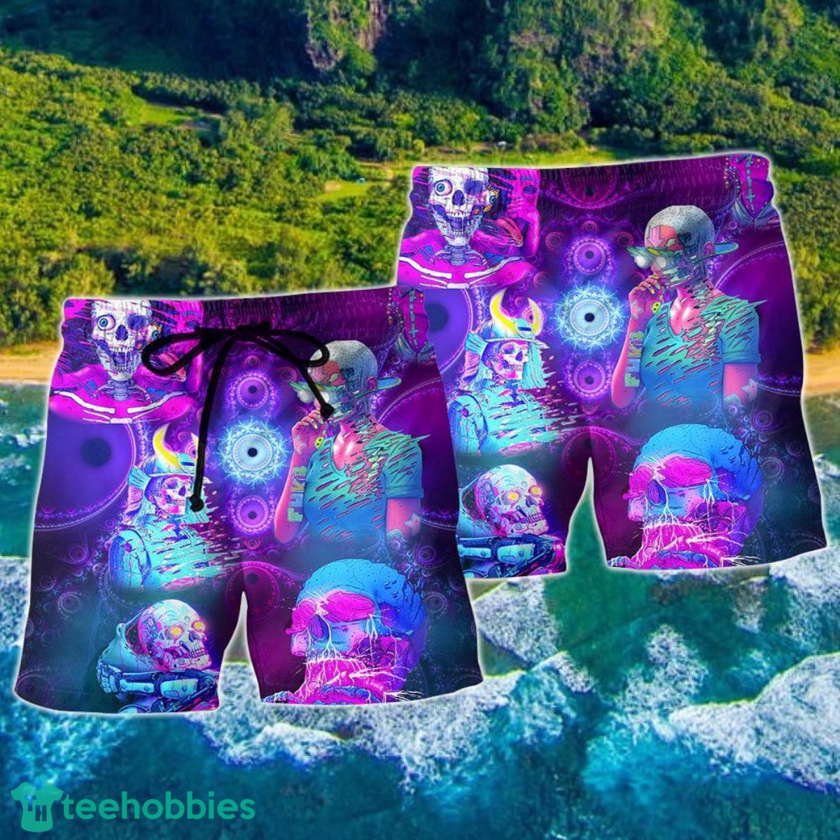 Skull Psychic Face Future Style With Purple Hawaii Shorts For Men Skull Shorts Swim Trunks Product Photo 2