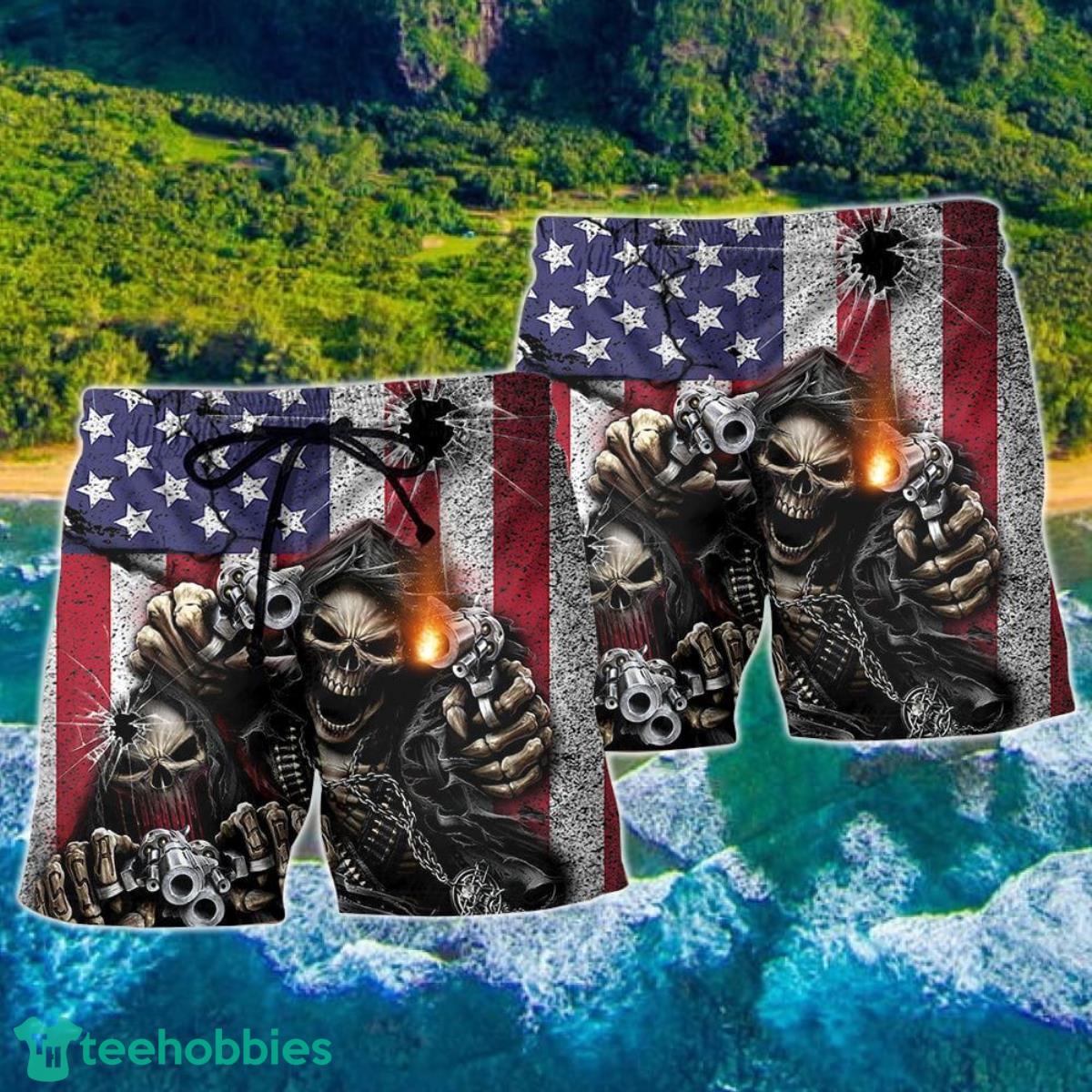 Skull Shot Gun American Flag Hawaii Shorts For Men Skull Shorts Swim Trunks Product Photo 2