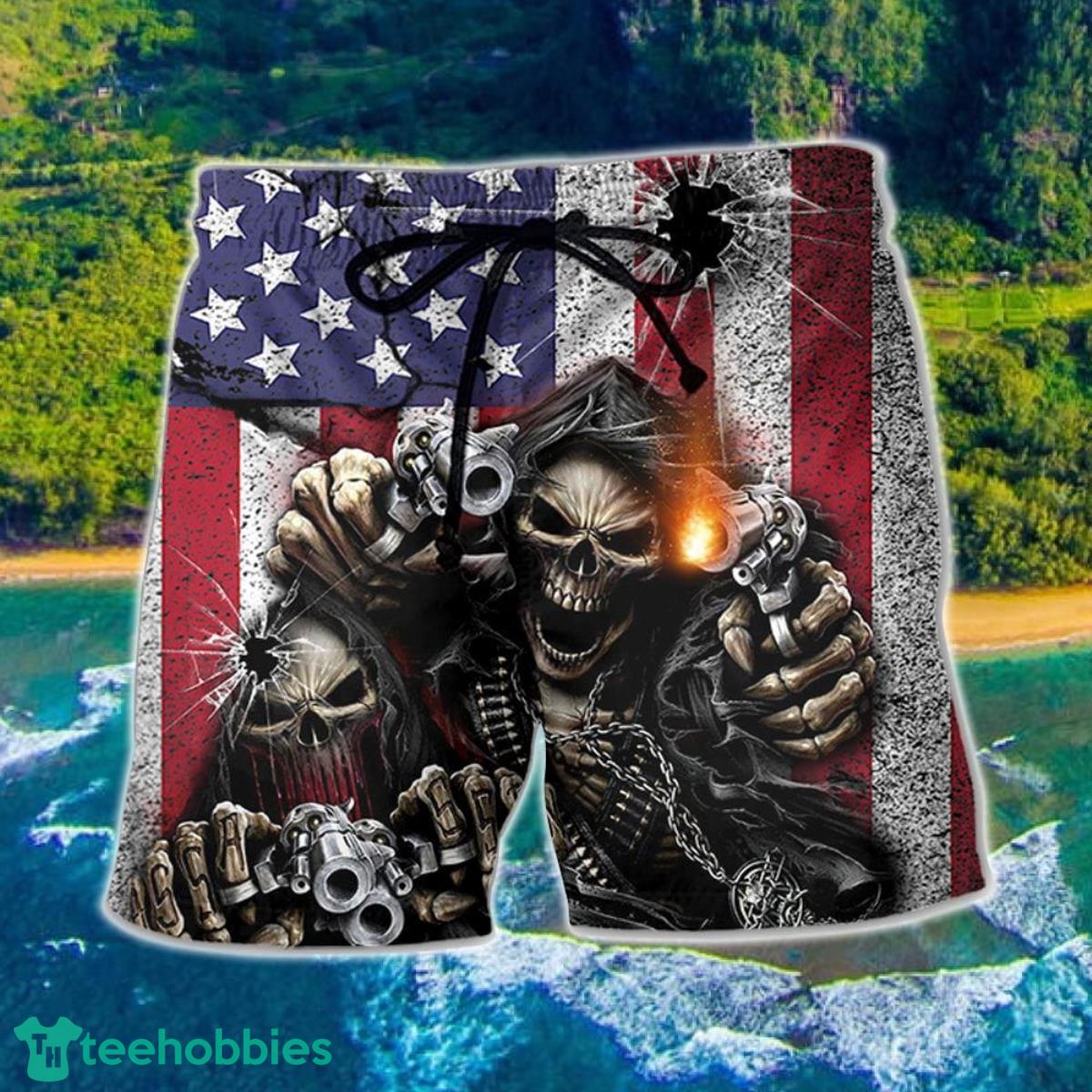 Skull Shot Gun American Flag Hawaii Shorts For Men Skull Shorts Swim Trunks Product Photo 1