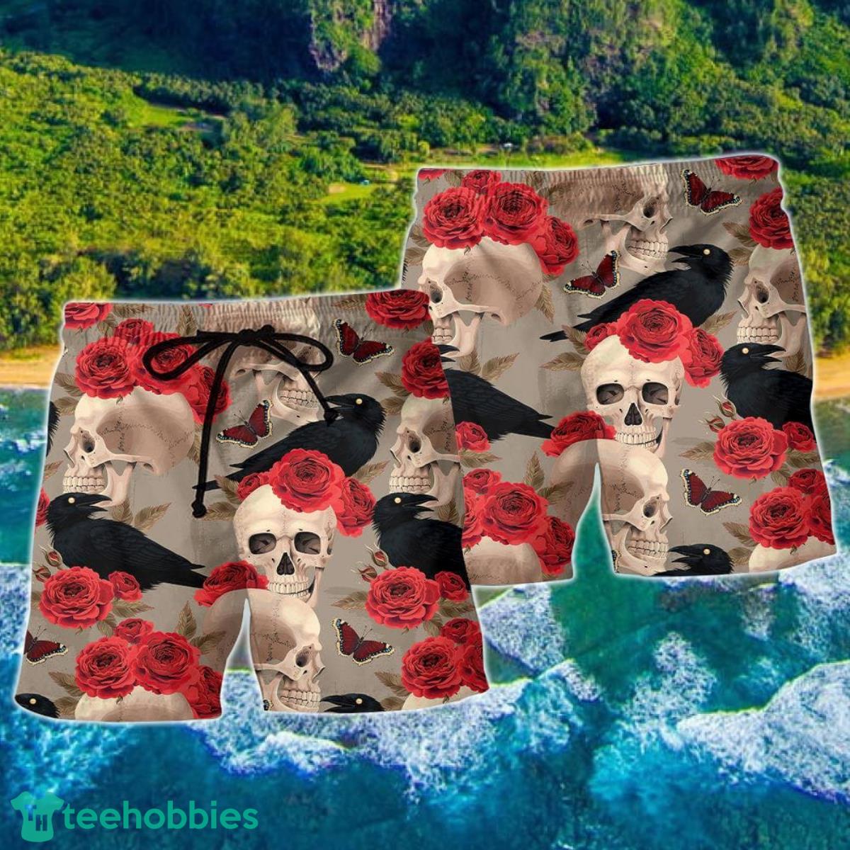 Skull With Rose Flower And Raven Gothic Style Hawaii Shorts For Men Skull Shorts Swim Trunks Product Photo 2
