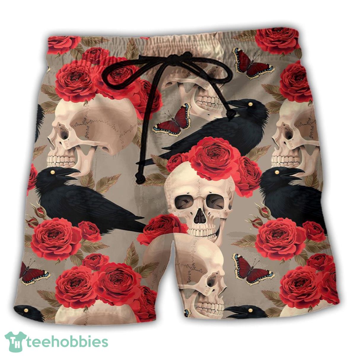 Skull With Rose Flower And Raven Gothic Style Hawaii Shorts For Men Skull Shorts Swim Trunks Product Photo 1