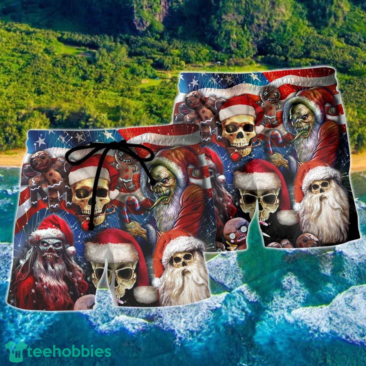 Skull Xmas US Flag Horror Skeleton Hawaii Shorts For Men Skull Shorts Swim Trunks Product Photo 2