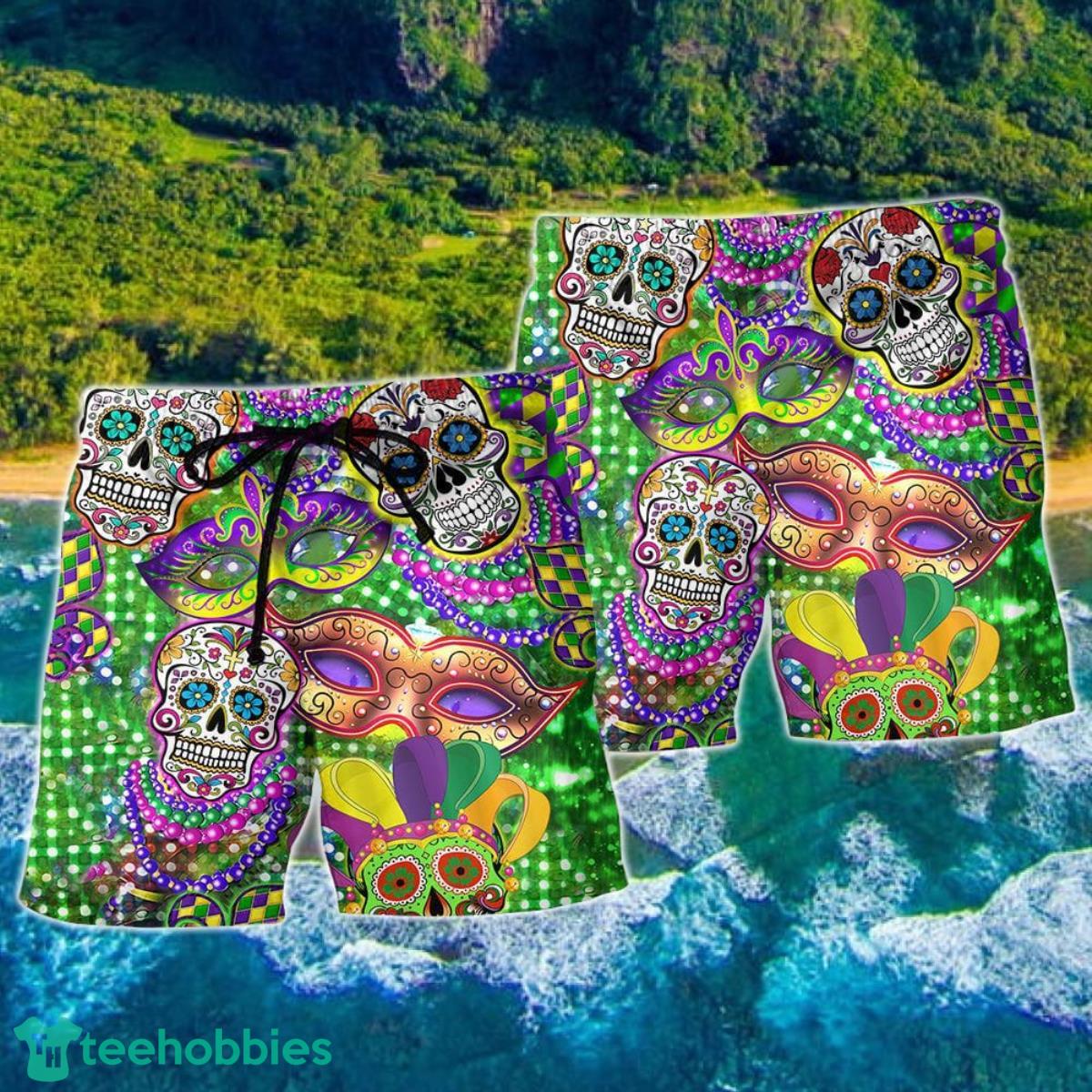 Sugar Skull Mardi Gras Color Hawaii Shorts For Men Skull Shorts Swim Trunks Product Photo 2