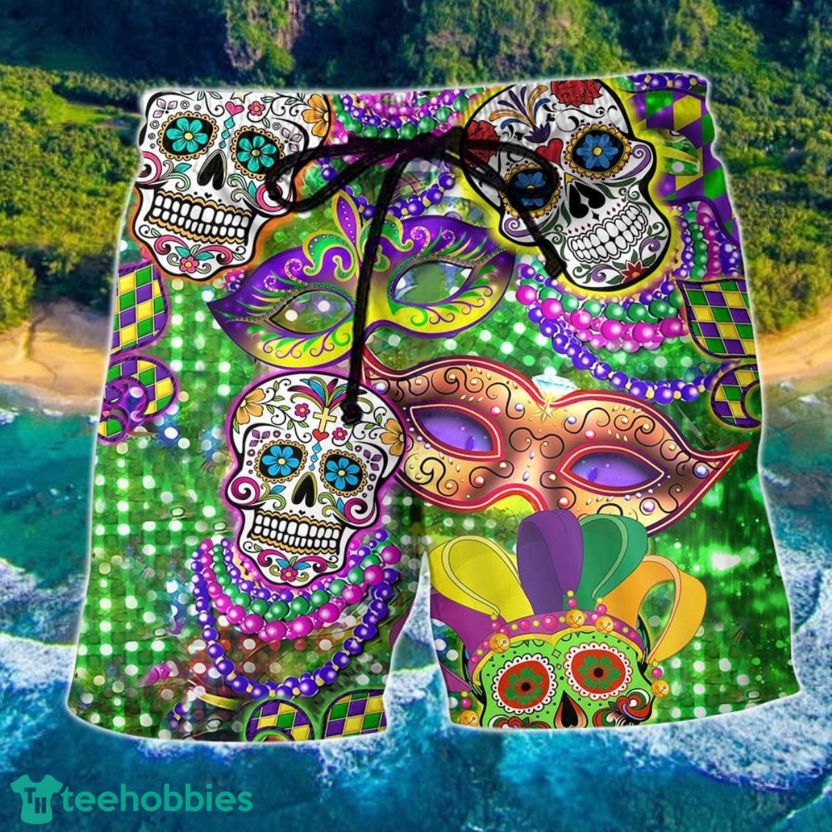 Sugar Skull Mardi Gras Color Hawaii Shorts For Men Skull Shorts Swim Trunks Product Photo 1