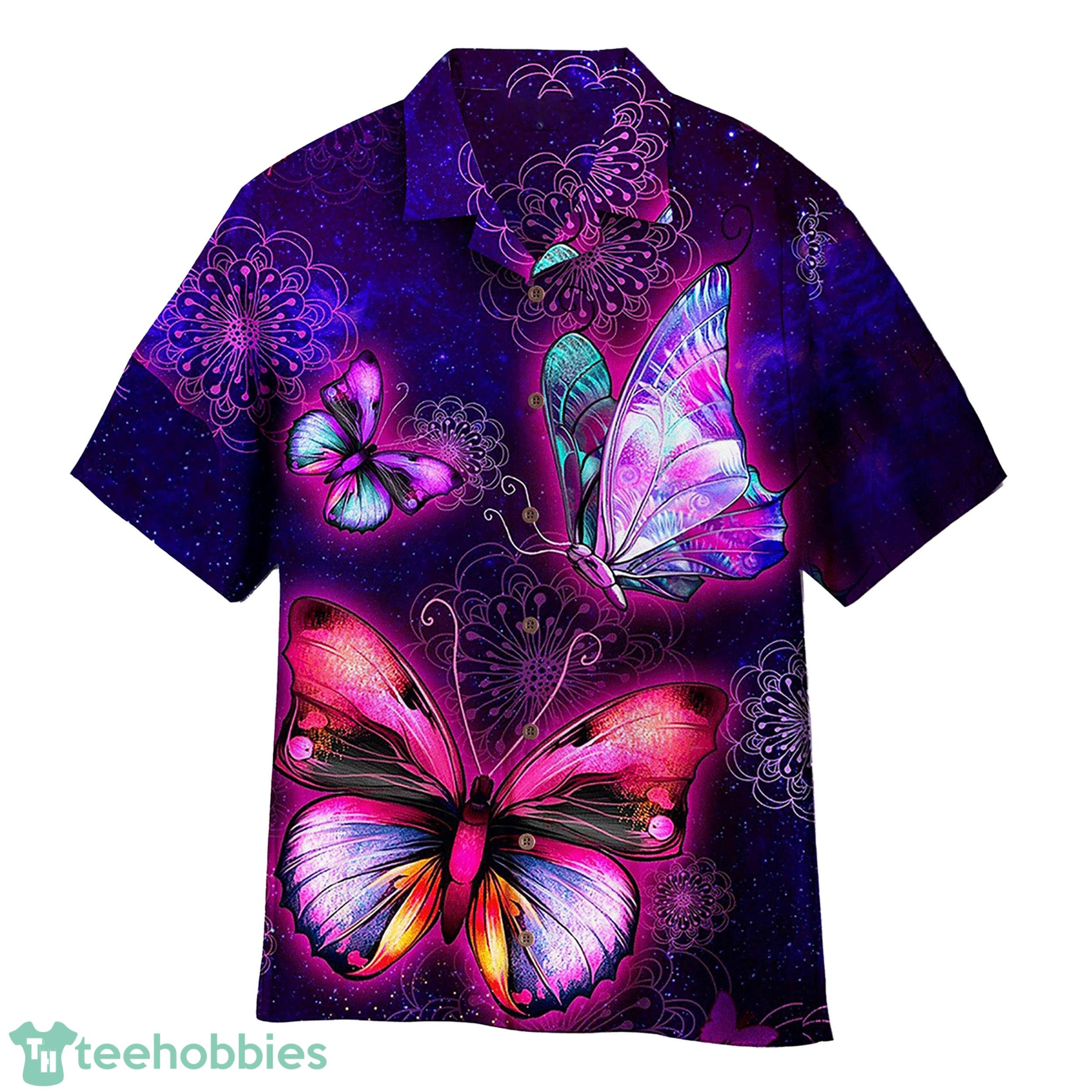 3D Beautiful Purple Butterfly And Flower Aloha Summer Beach Hawaiian Shirt Product Photo 1
