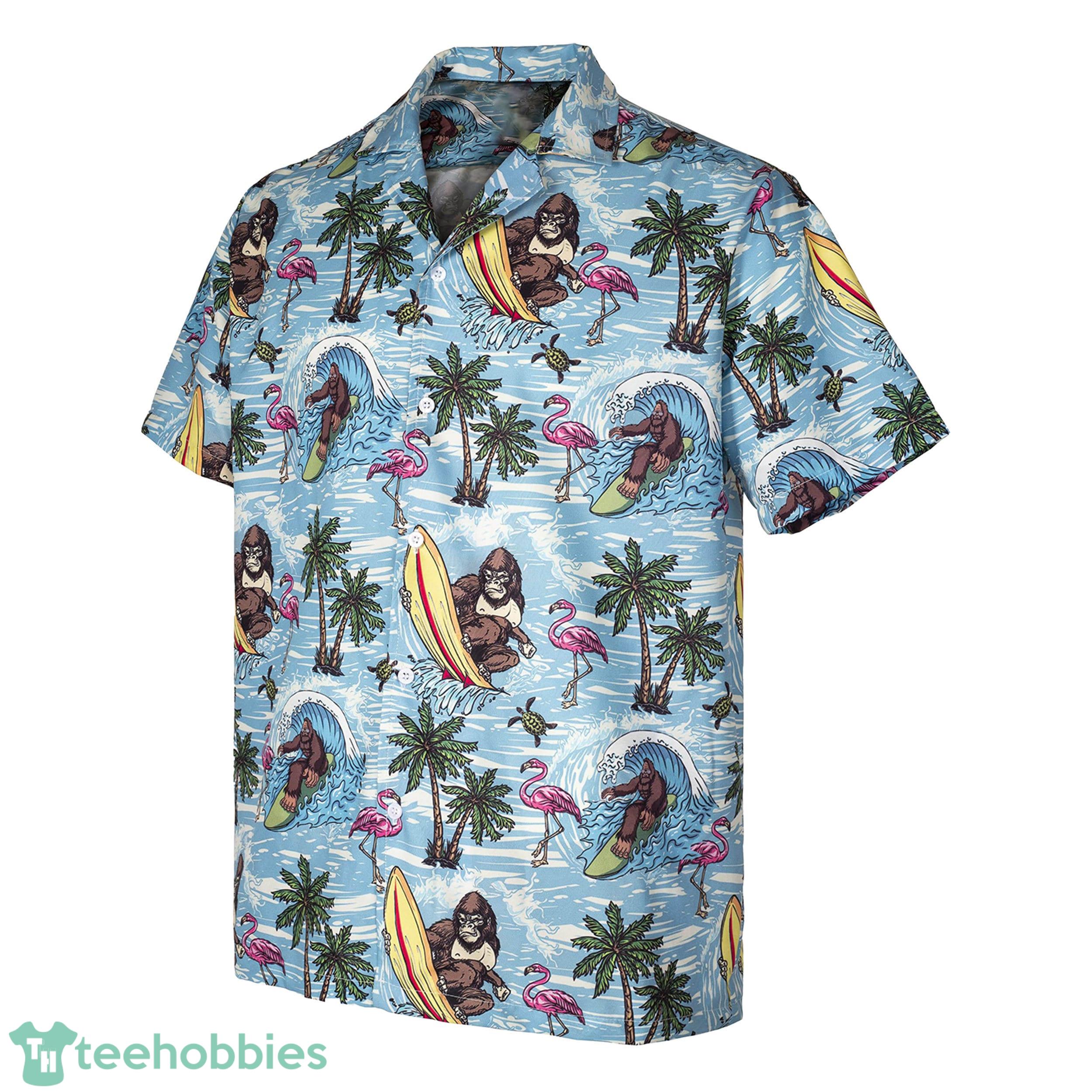 3D god zilla Loves Surfing Flamingo Short Sleeve Summer Beach Hawaiian Product Photo 1
