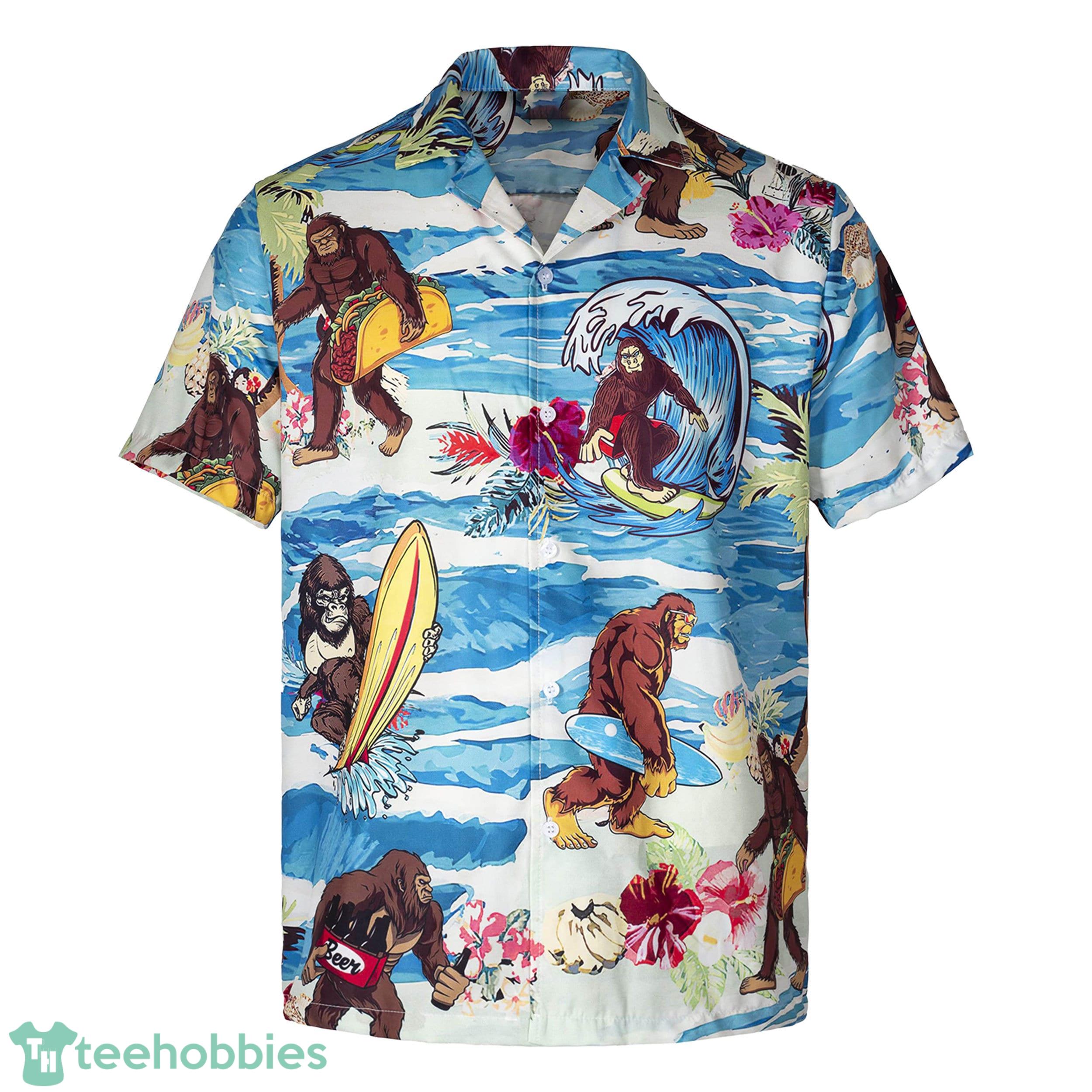 3D god zilla Loves Surfing Short Sleeve Summer Beach Hawaiian Shirt Product Photo 1