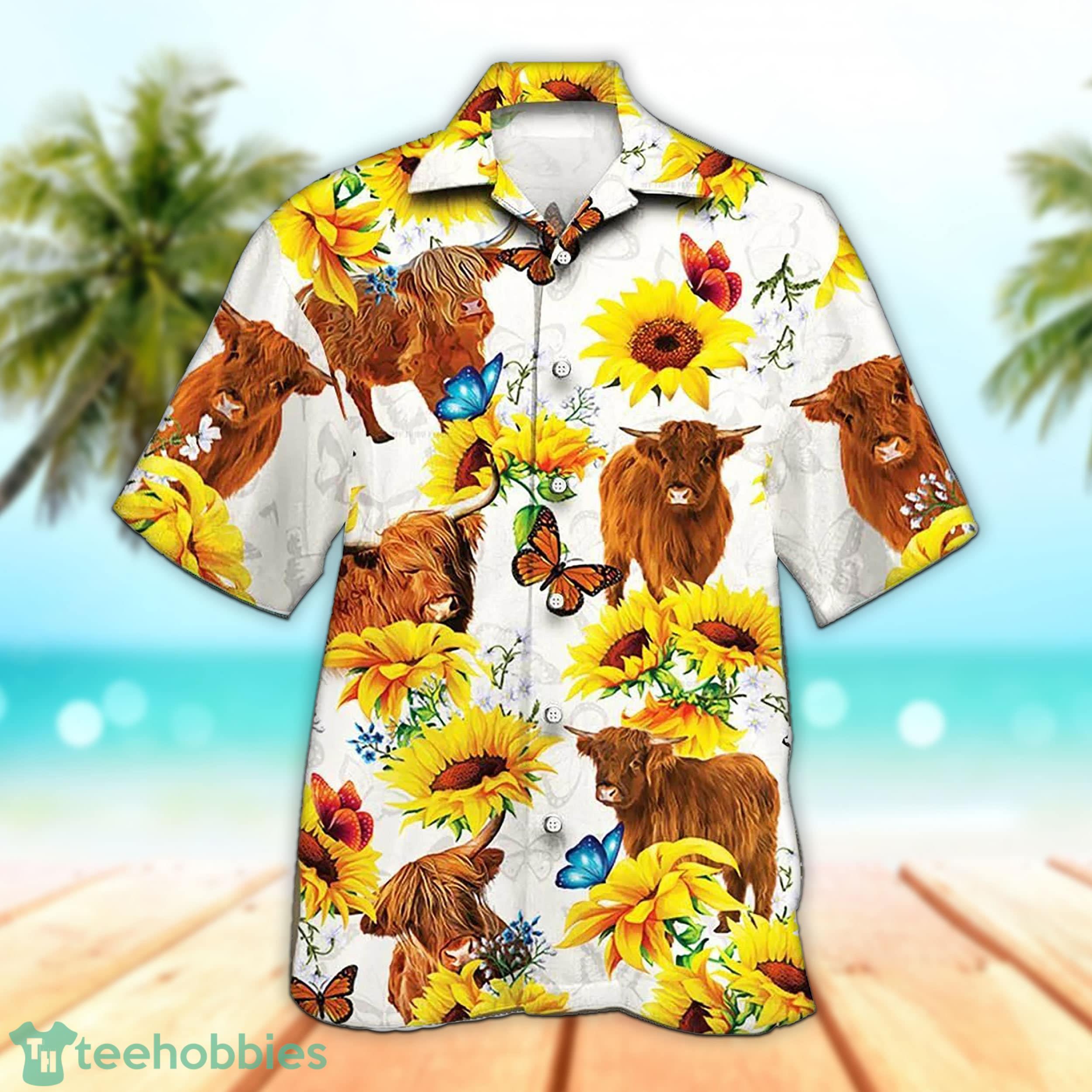 3D Highland Cattle Lovers Sunflower Gift Summer Beach Hawaiian Shirt Product Photo 1