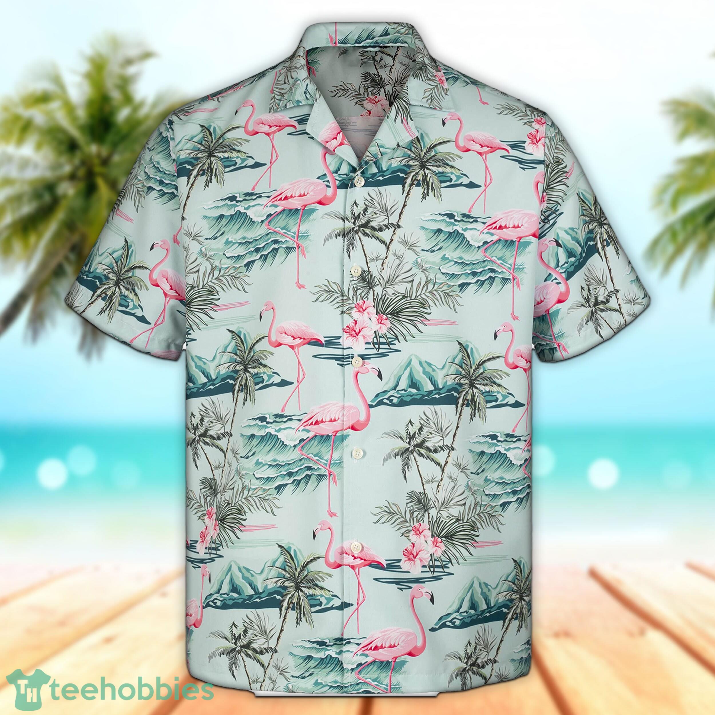 3D Mint Flamingo Island Short Sleeve Summer Beach Hawaiian ian Product Photo 1