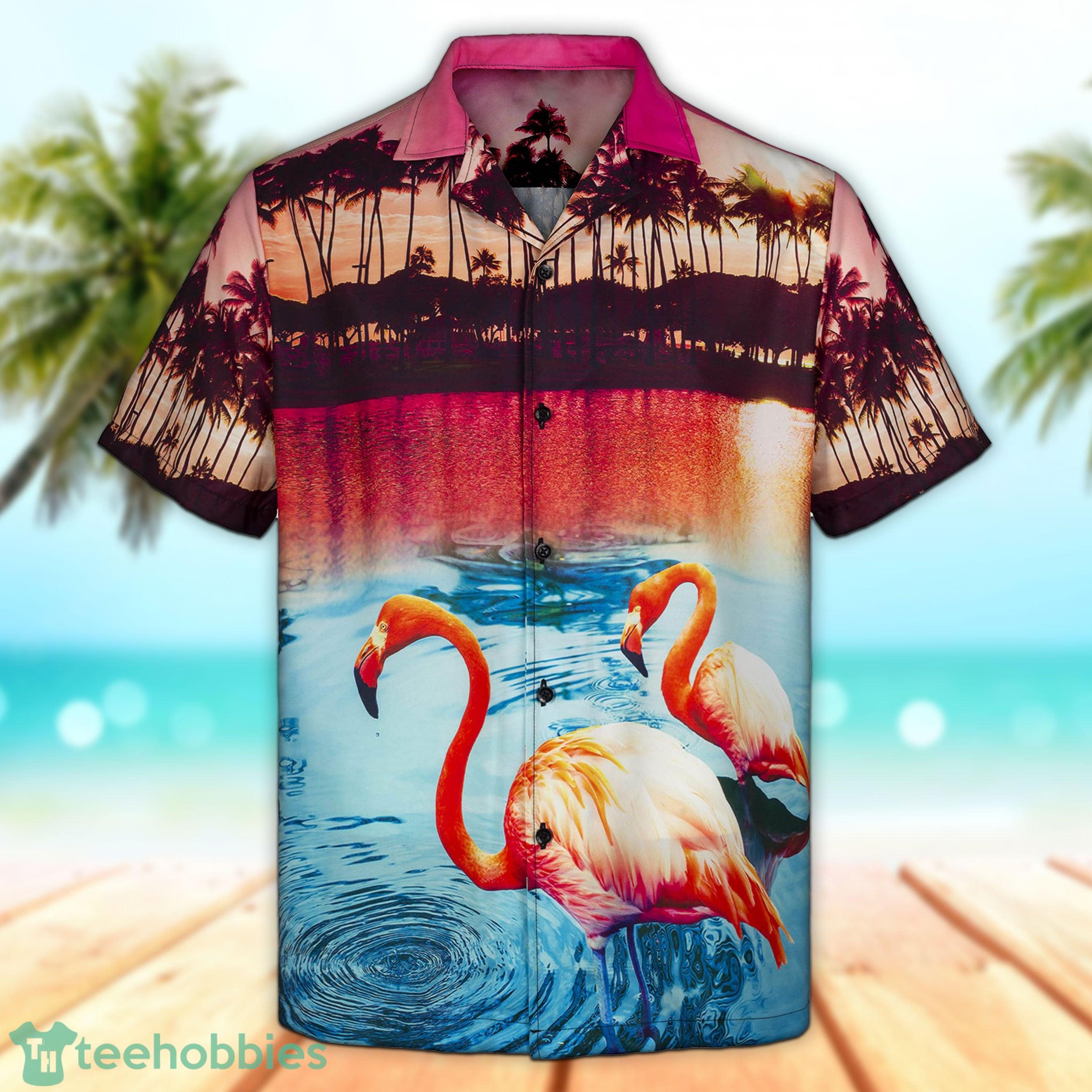 3D Pink Flamingo Island Short Sleeve Summer Beach Hawaiian Product Photo 1