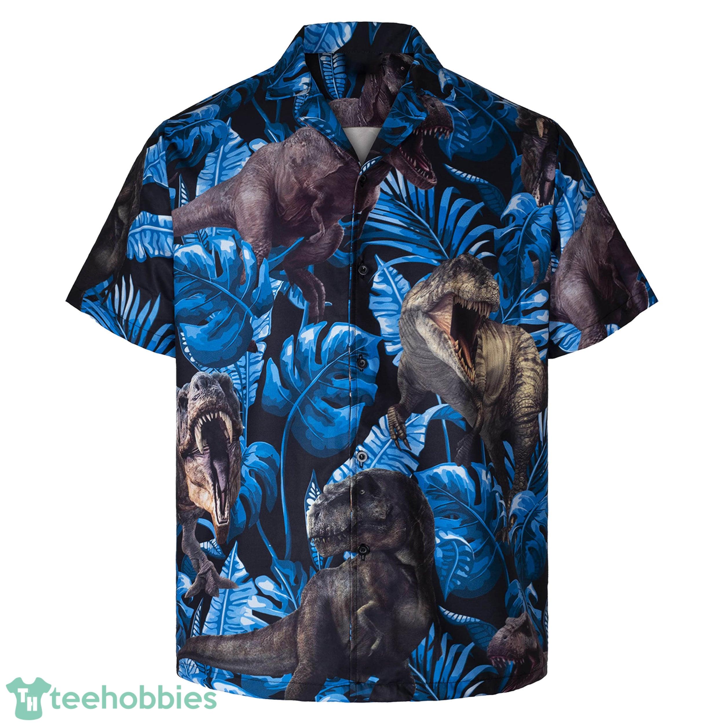 3D Wild T rex in Dark Blue Forest Short Sleeve Summer Beach Hawaiian Product Photo 1