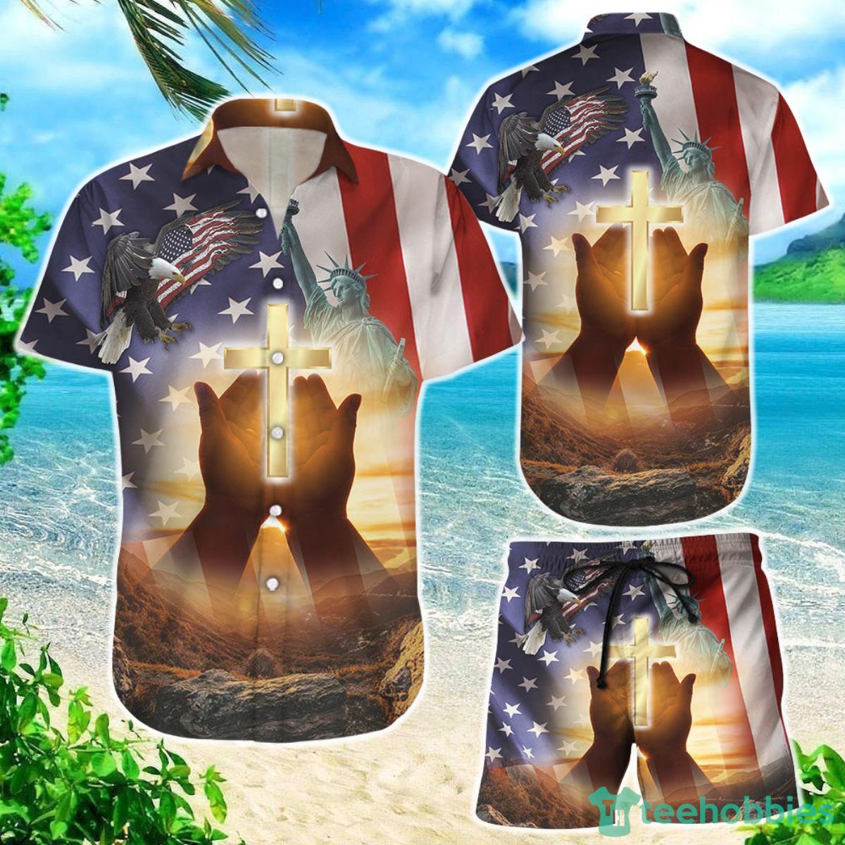 American Flag Hawaiian Shirt Jesus Eagle 4th Of July USA Independent Day Christian Gifts For Women Product Photo 1