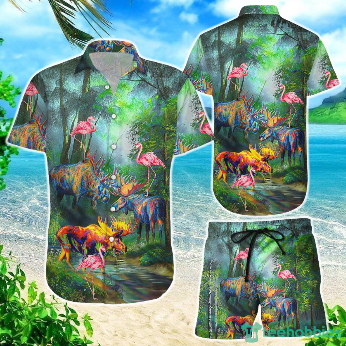 Animal Hawaiian Shirt Moose And Flamingo Colorful Birthday Gifts For Animal Lovers Product Photo 1