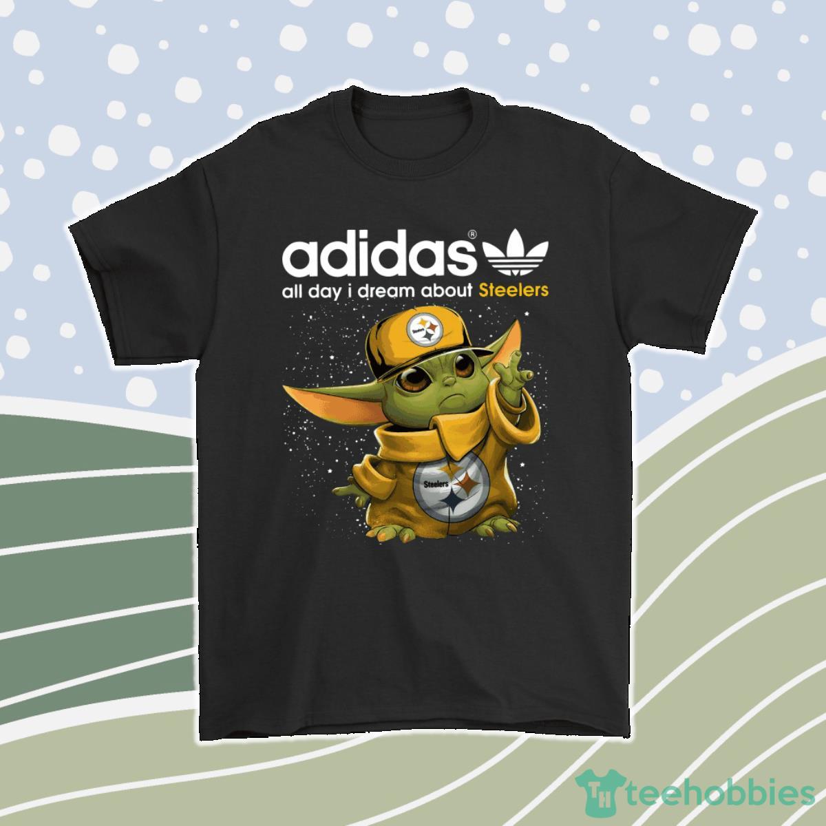 Baby Yoda Adidas All Day I Dream About Pittsburgh Steelers Men Women T-Shirt, Hoodie, Sweatshirt Product Photo 1