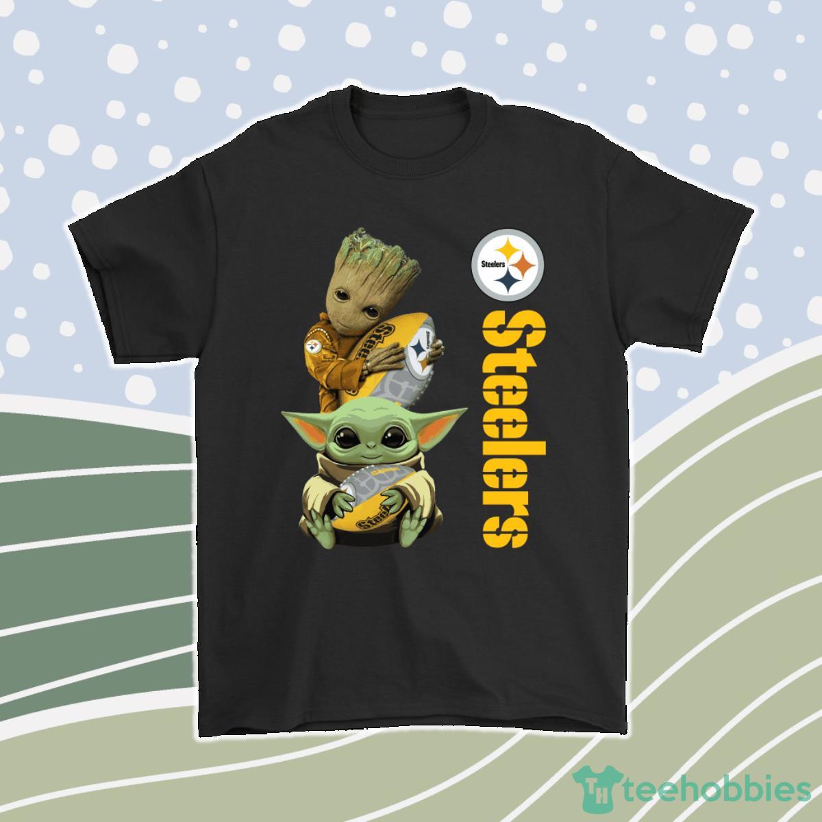Baby Yoda And Groot Hug Pittsburgh Steelers Nfl Men Women T-Shirt, Hoodie, Sweatshirt Product Photo 1