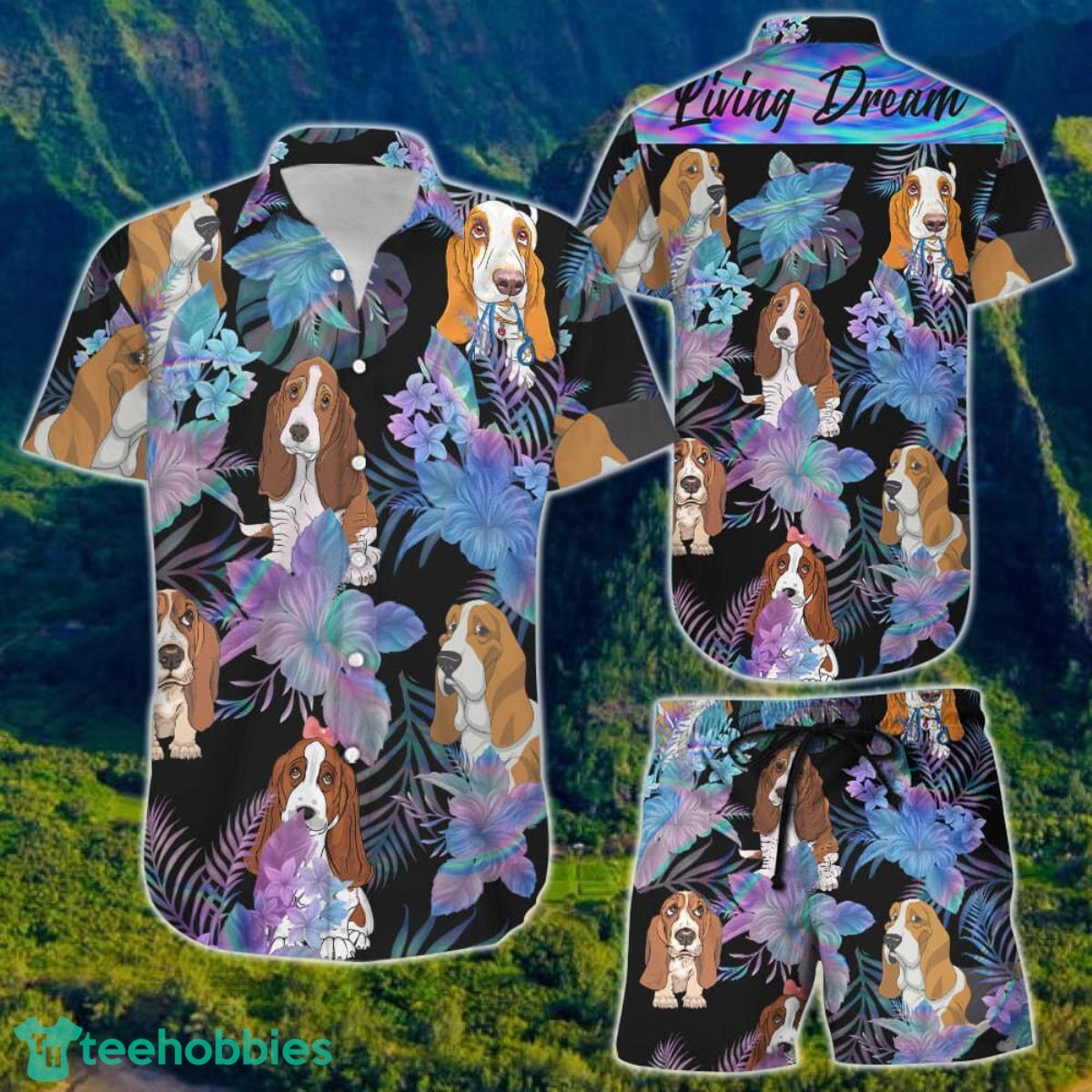 Basset Hound With Tropical Flowers Living Dream Hawaiian Shirt And Short For Men And Women Product Photo 1