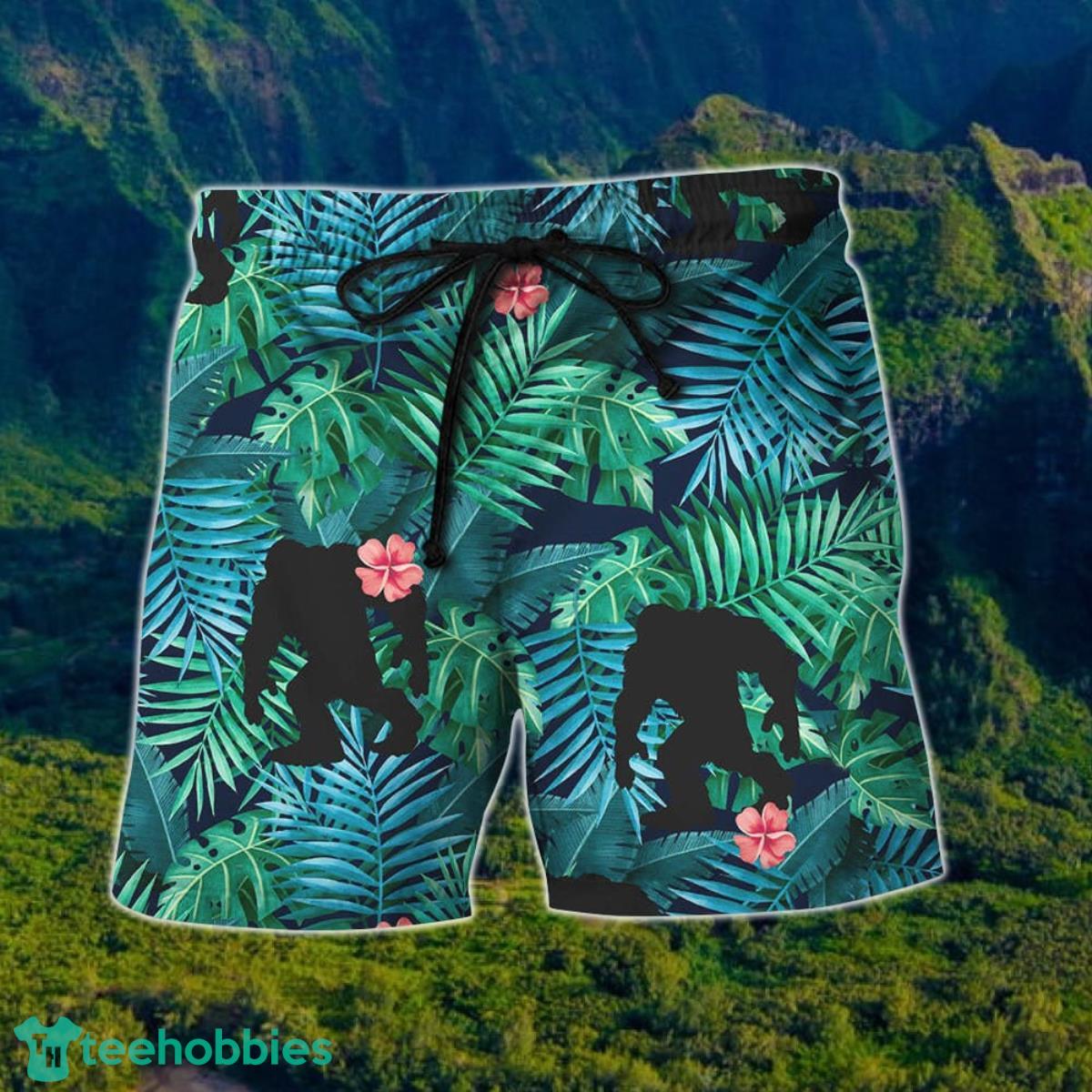 Bigfoot Shape Summer Beach With Red Floral Hawaii Shirt And Short For Men And Women Product Photo 2